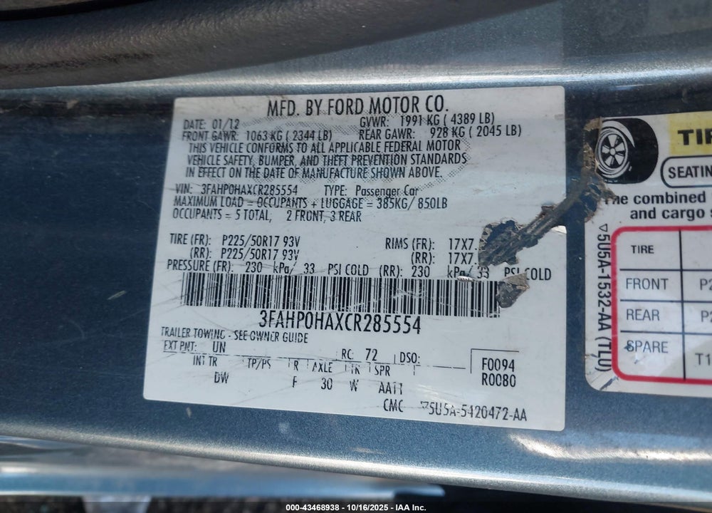 2012 FORD FUSION VIN: 3FAHP0HAXCR285554