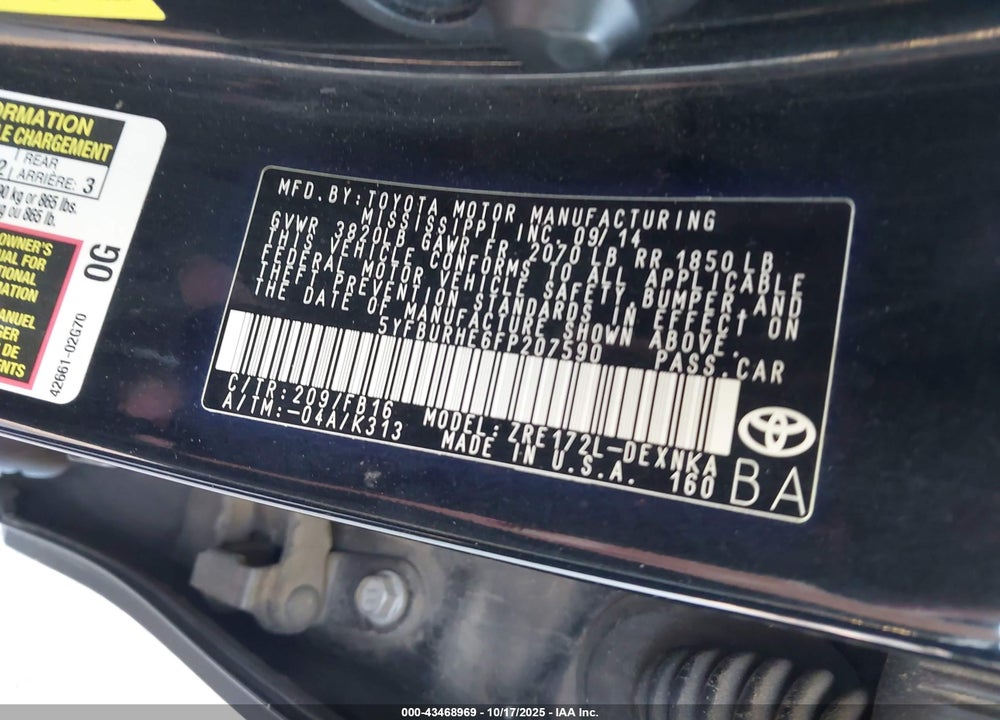 2015 TOYOTA COROLLA LE PLUS VIN: 5YFBURHE6FP207590