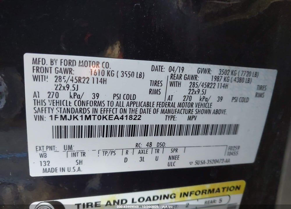 2019 FORD EXPEDITION MAX PLATINUM VIN: 1FMJK1MT0KEA41822