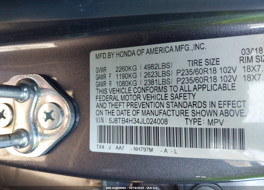 2018 ACURA RDX VIN: 5J8TB4H34JL024008