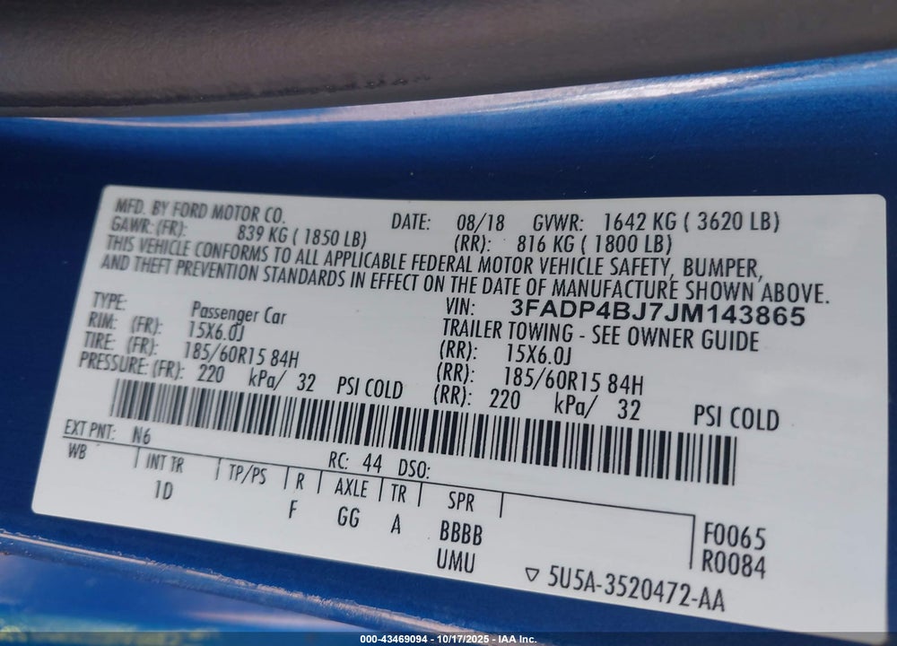 2018 FORD FIESTA SE VIN: 3FADP4BJ7JM143865