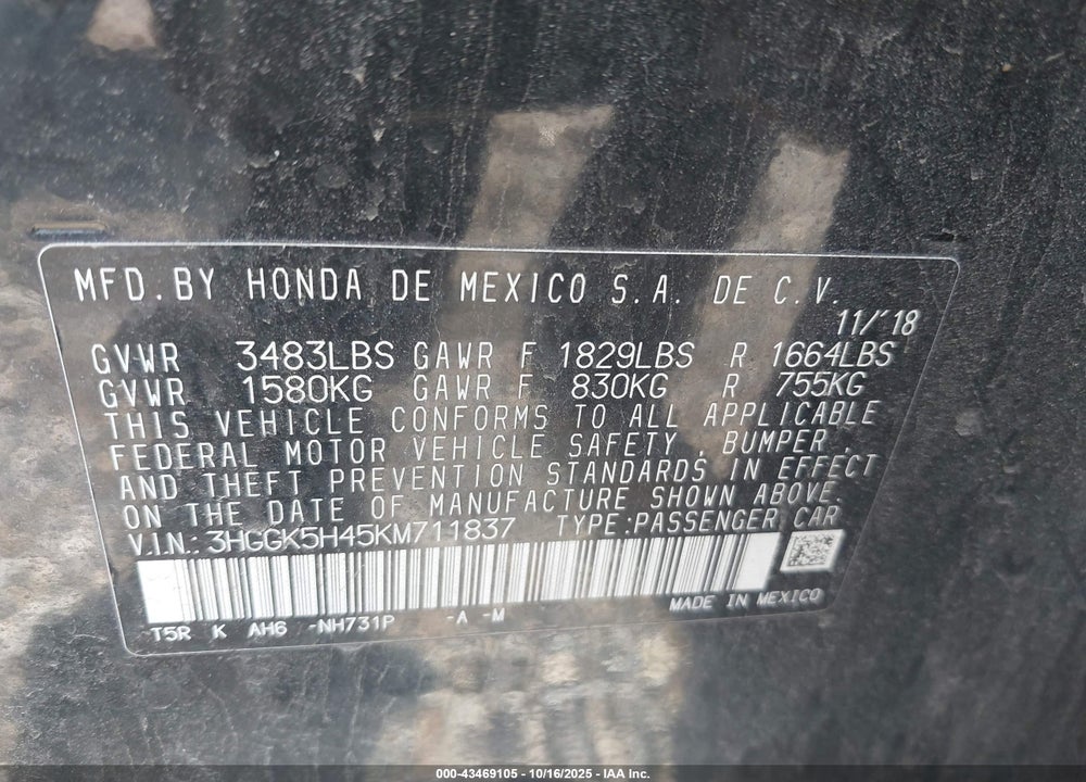 2019 HONDA FIT VIN: 3HGGK5H45KM711837