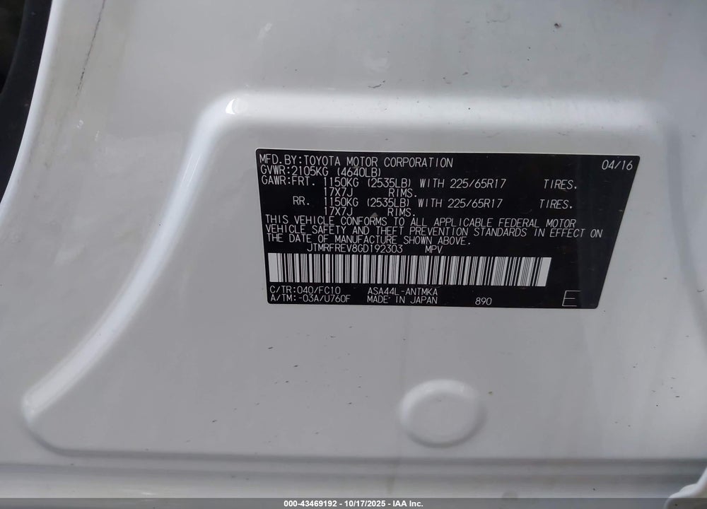 2016 TOYOTA RAV4 VIN: JTMRFREV8GD192303