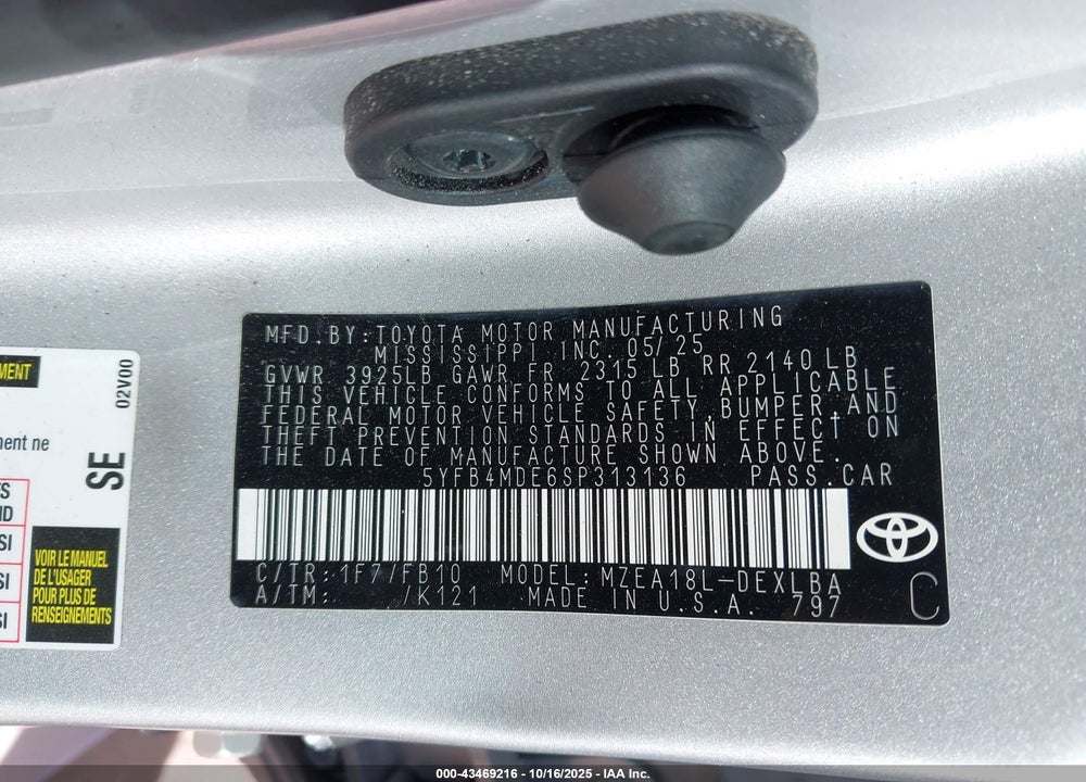 2025 TOYOTA COROLLA LE VIN: 5YFB4MDE6SP313136