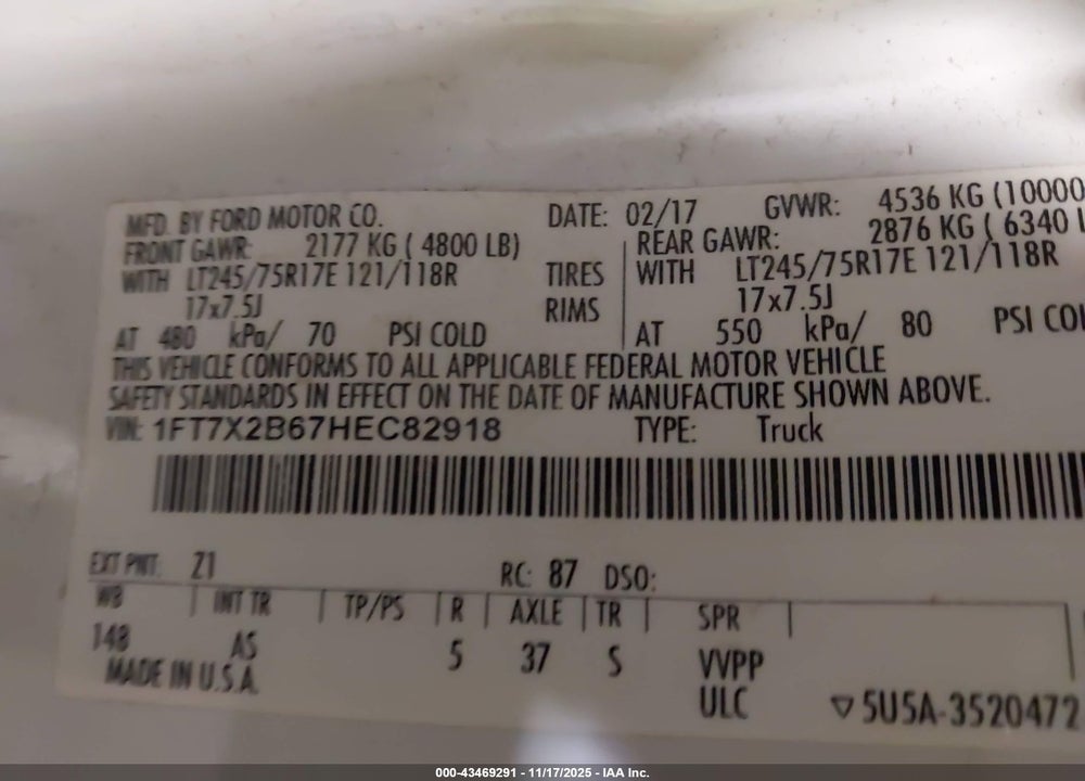 2017 FORD F-250 XL VIN: 1FT7X2B67HEC82918
