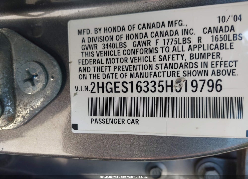 2005 HONDA CIVIC VP VIN: 2HGES16335H519796