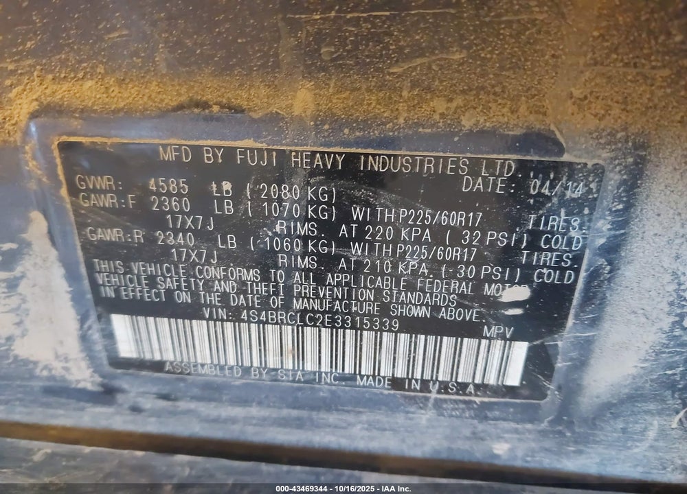 2014 SUBARU OUTBACK 2.5I LIMITED VIN: 4S4BRCLC2E3315339