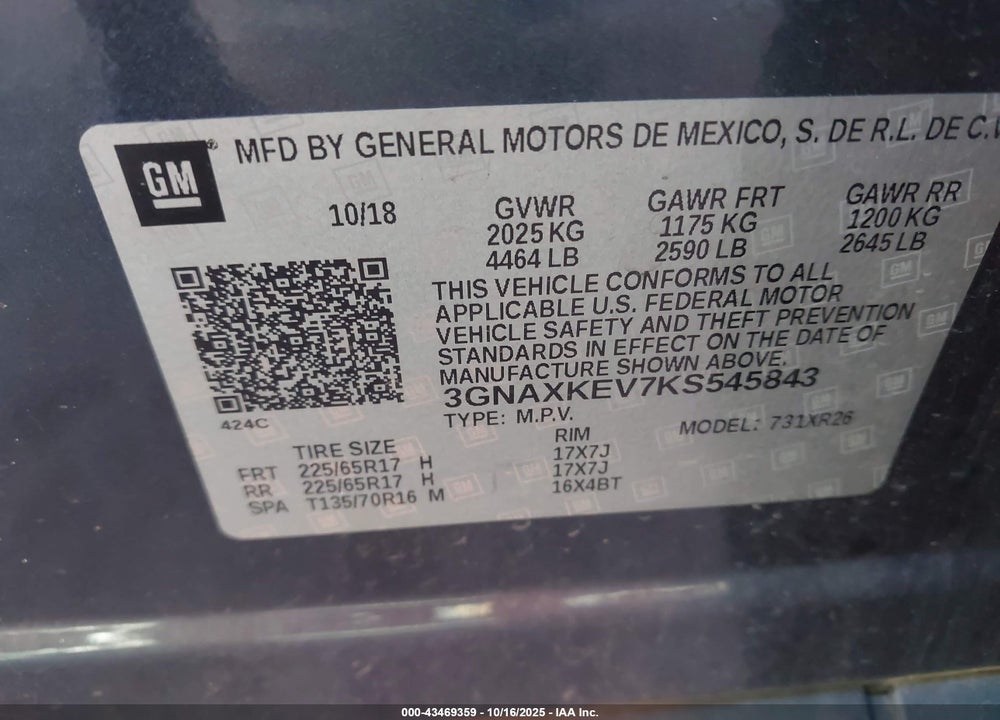 2019 CHEVROLET EQUINOX VIN: 3GNAXKEV7KS545843