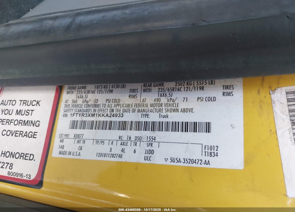 2019 FORD TRANSIT-250 VIN: 1FTYR3XM1KKA24933