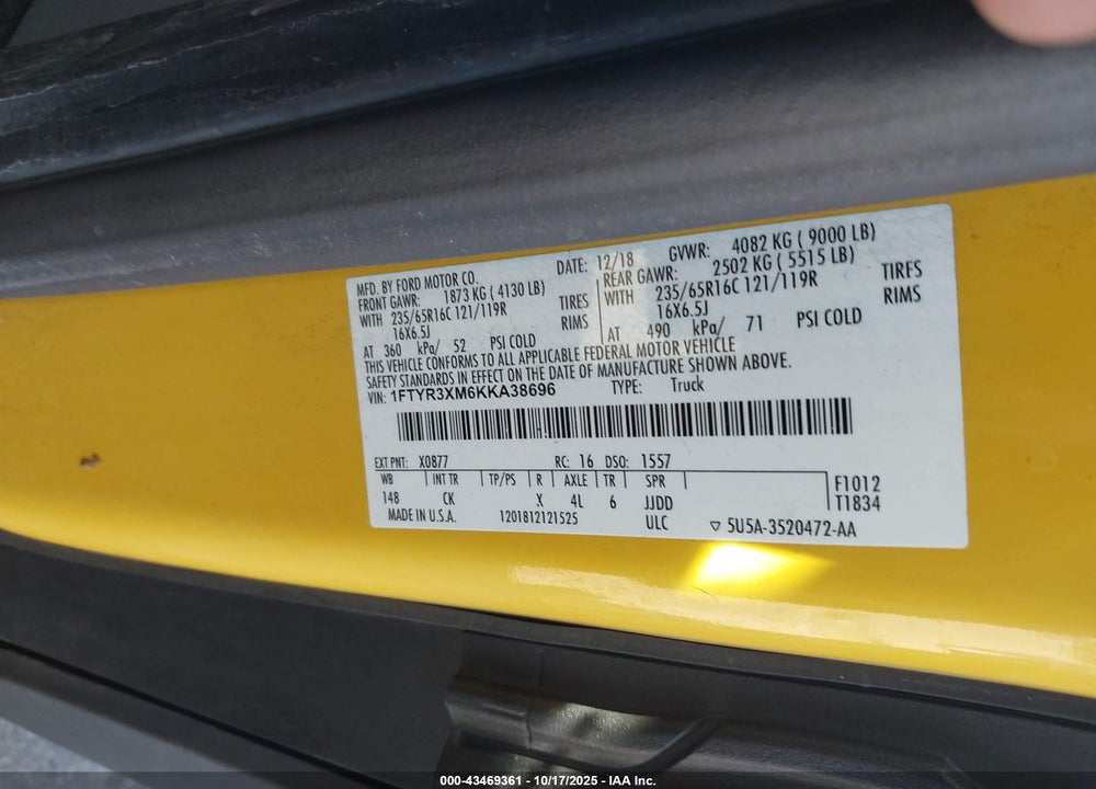 2019 FORD TRANSIT-250 VIN: 1FTYR3XM6KKA38696