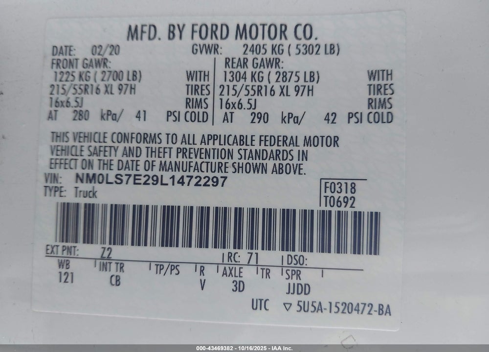 2020 FORD TRANSIT CONNECT VIN: NM0LS7E29L1472297
