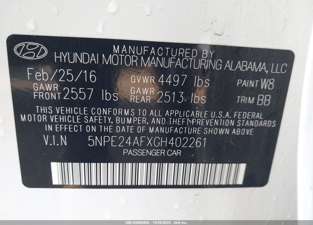 2016 HYUNDAI SONATA VIN: 5NPE24AFXGH402261