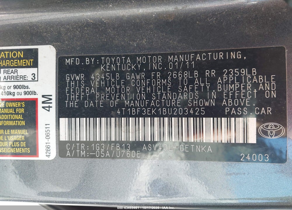 2011 TOYOTA CAMRY LE VIN: 4T1BF3EK1BU203425
