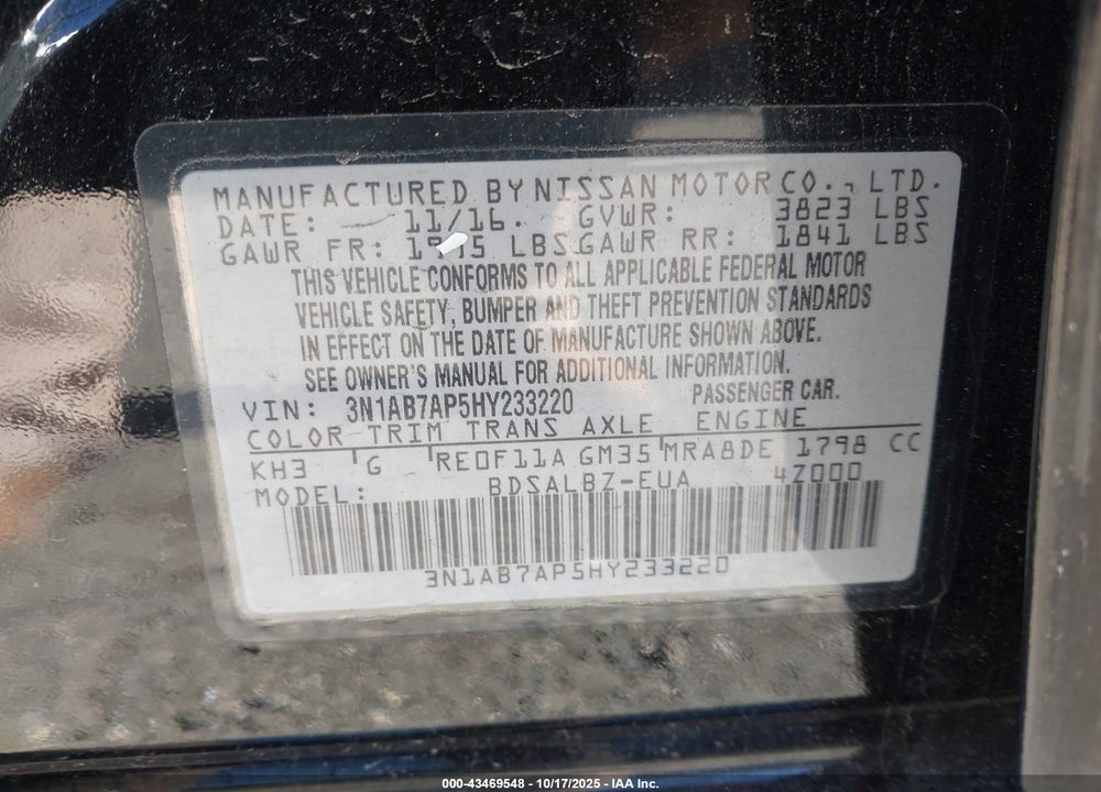 2017 NISSAN SENTRA S VIN: 3N1AB7AP5HY233220