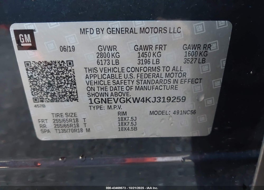 2019 CHEVROLET TRAVERSE VIN: 1GNEVGKW4KJ319259