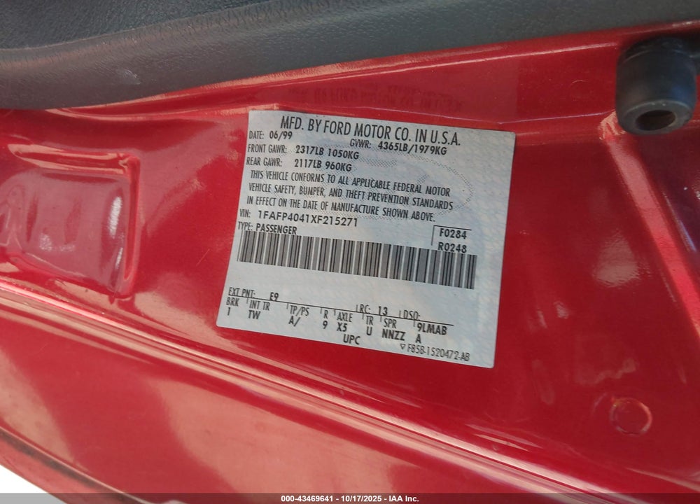 1999 FORD MUSTANG VIN: 1FAFP4041XF215271