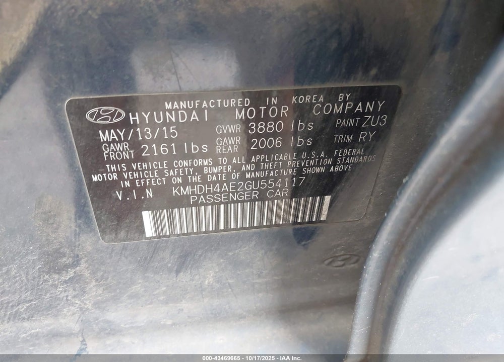 2016 HYUNDAI ELANTRA VALUE EDITION VIN: KMHDH4AE2GU554117
