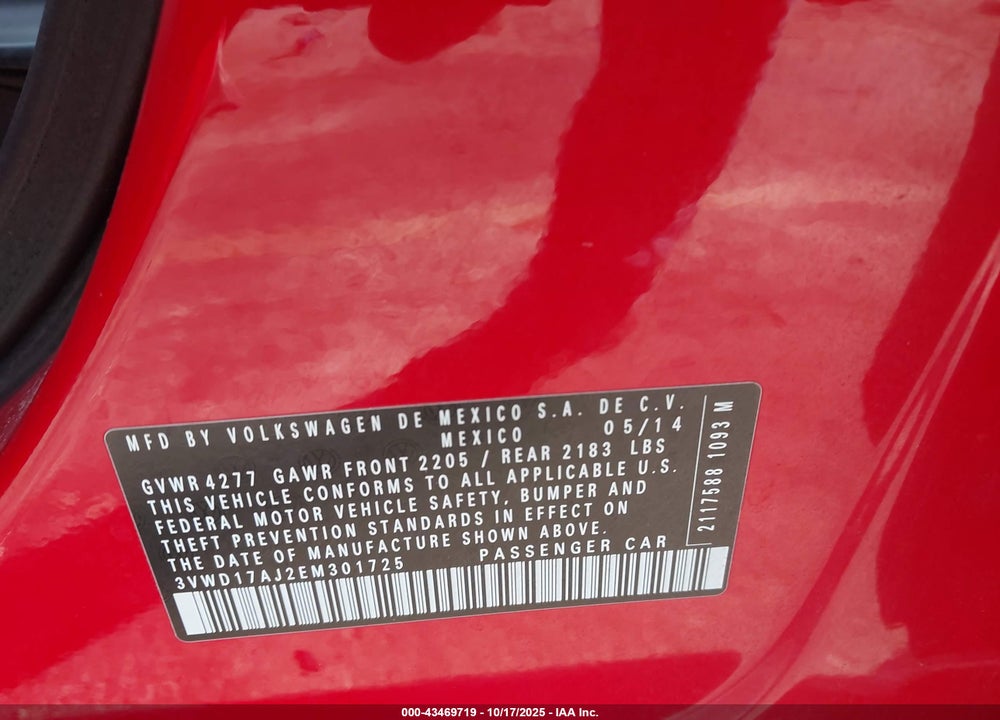 2014 VOLKSWAGEN JETTA 1.8T SE VIN: 3VWD17AJ2EM301725