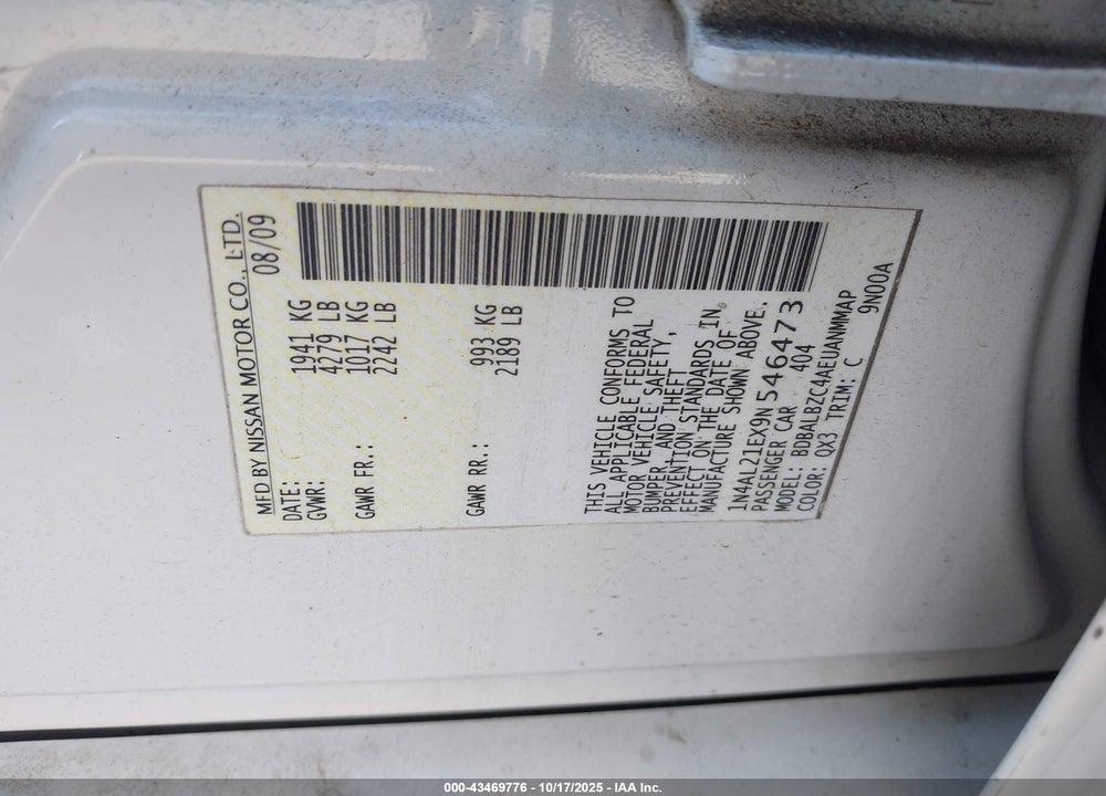 2009 NISSAN ALTIMA VIN: 1N4AL21EX9N546473