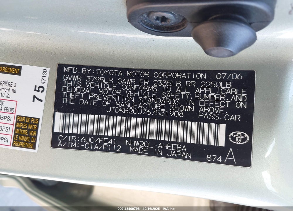 2006 TOYOTA PRIUS VIN: JTDKB20U767531908