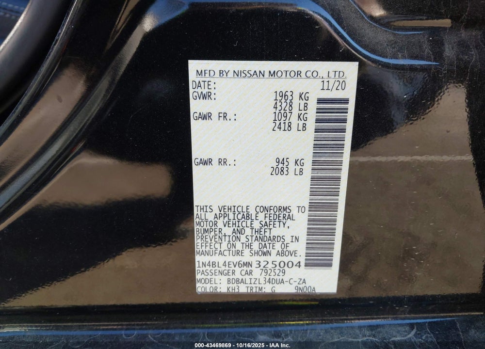 2021 NISSAN ALTIMA VIN: 1N4BL4EV6MN325004