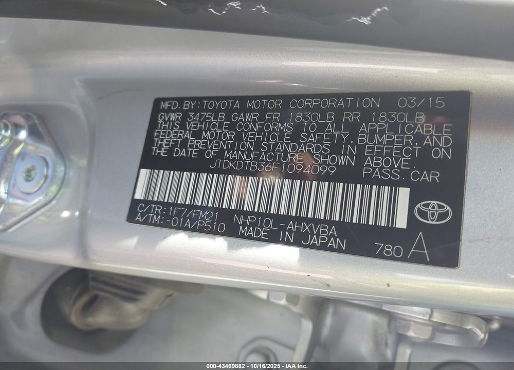 2015 TOYOTA PRIUS C TWO VIN: JTDKDTB36F1094099