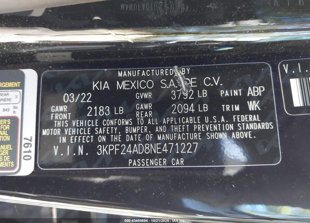 2022 KIA FORTE LXS VIN: 3KPF24AD8NE471227