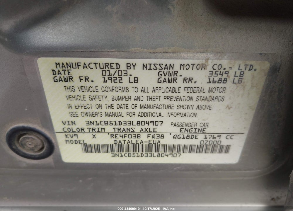 2003 NISSAN SENTRA GXE VIN: 3N1CB51D33L804907