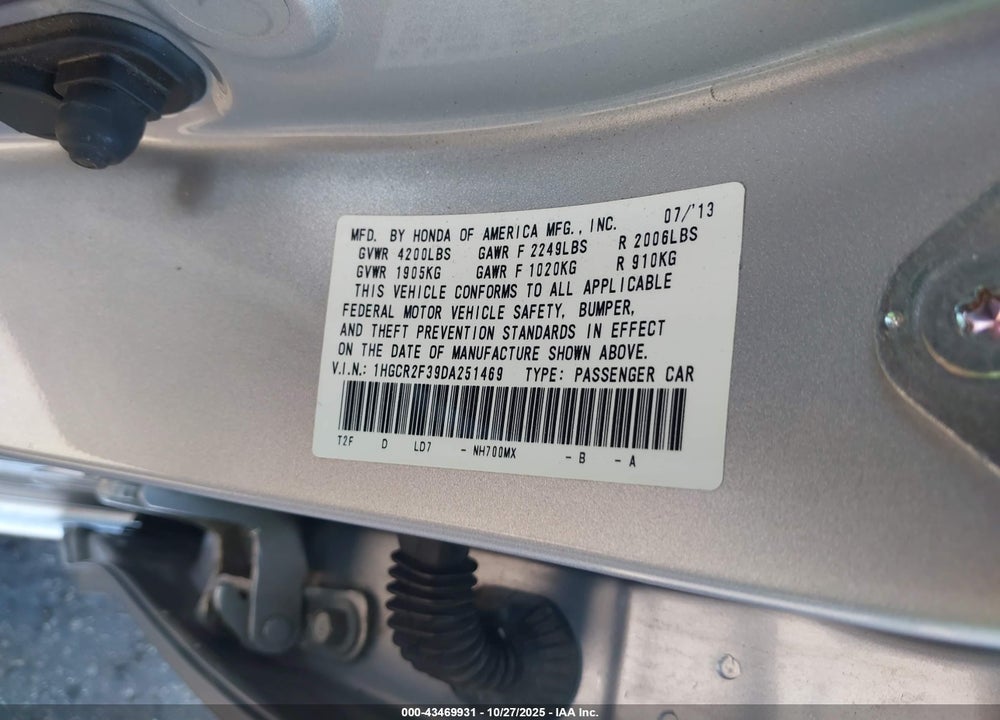 2013 HONDA ACCORD VIN: 1HGCR2F39DA251469