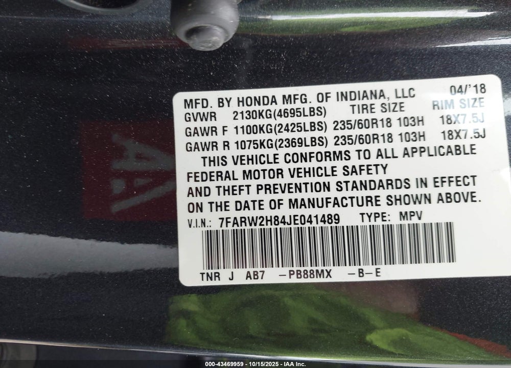 2018 HONDA CR-V VIN: 7FARW2H84JE041489
