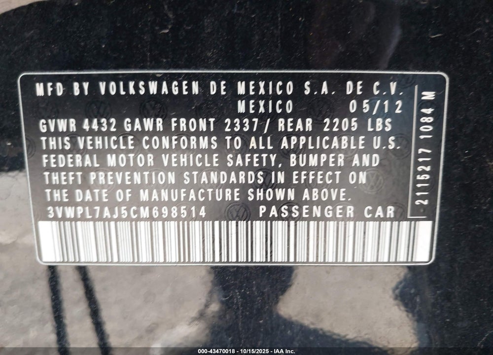 2012 VOLKSWAGEN JETTA VIN: 3VWPL7AJ5CM698514