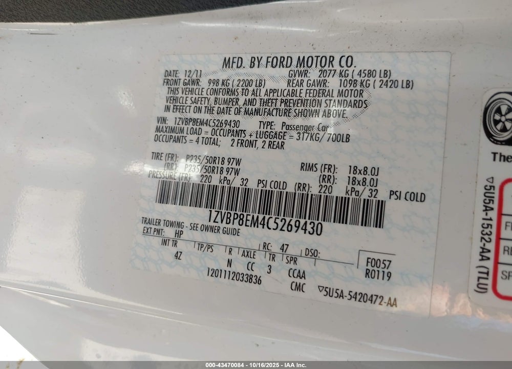 2012 FORD MUSTANG VIN: 1ZVBP8EM4C5269430
