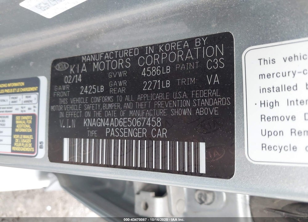 2014 KIA OPTIMA HYBRID VIN: KNAGN4AD6E5067458