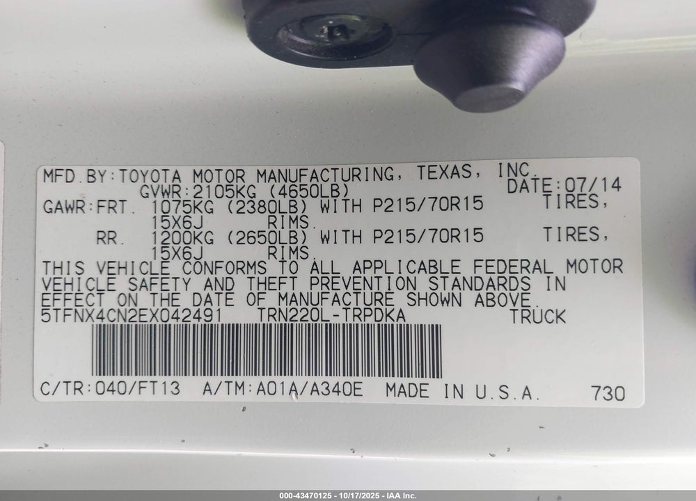 2014 TOYOTA TACOMA VIN: 5TFNX4CN2EX042491