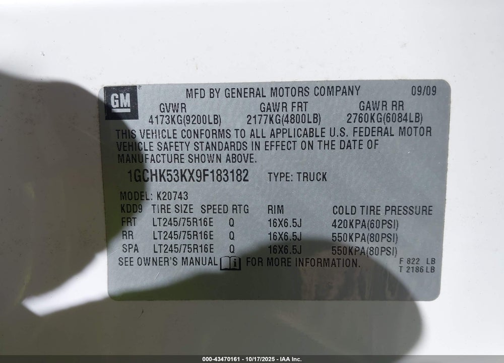 2009 CHEVROLET SILVERADO 2500HD LT VIN: 1GCHK53KX9F183182