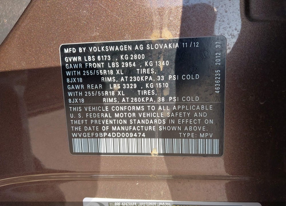 2013 VOLKSWAGEN TOUAREG VIN: WVGEF9BP4DD009474