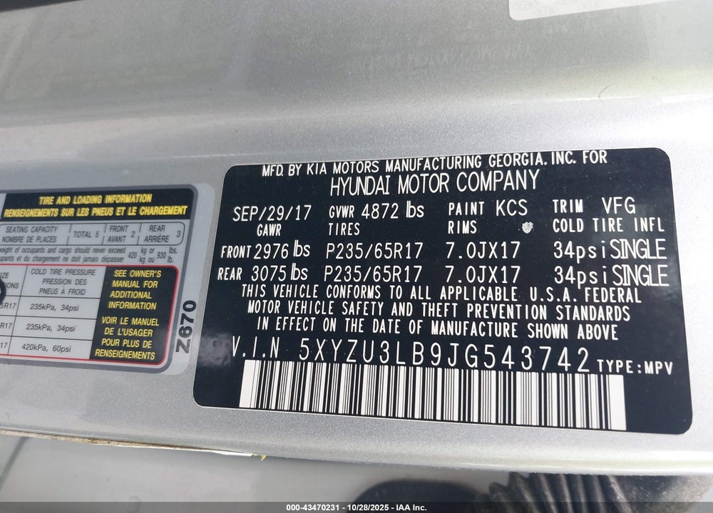 2018 HYUNDAI SANTA FE SPORT 2.4L VIN: 5XYZU3LB9JG543742