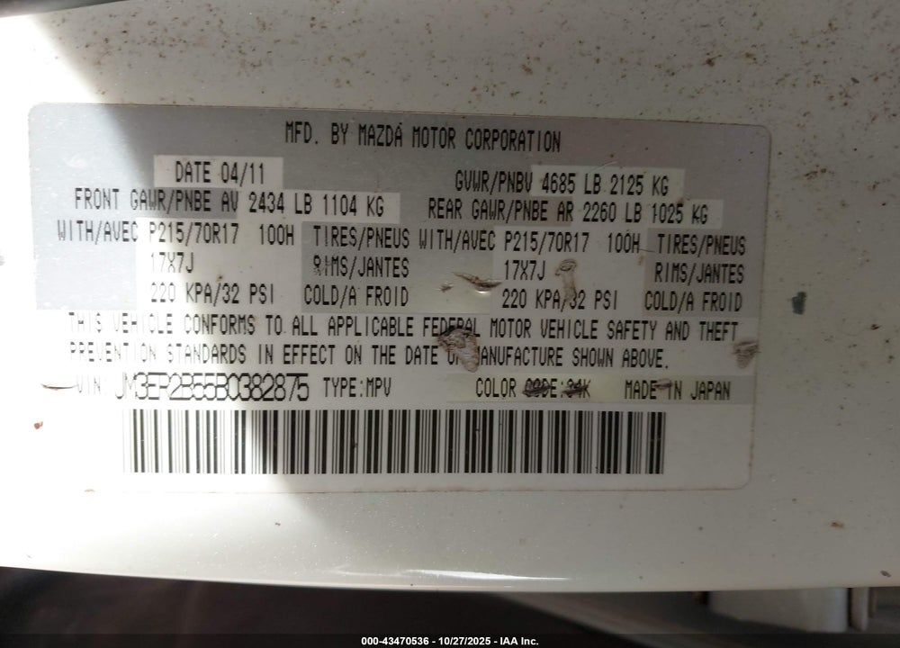 2011 MAZDA CX-7 I SPORT VIN: JM3ER2B55B0382875