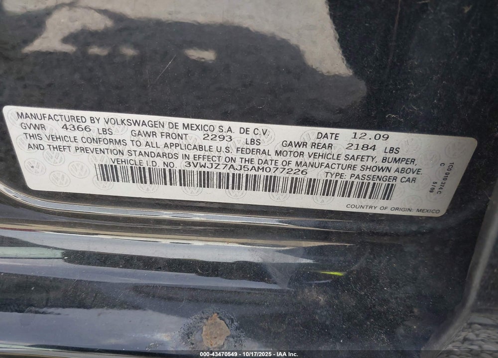 2010 VOLKSWAGEN JETTA VIN: 3VWJZ7AJ5AM077226