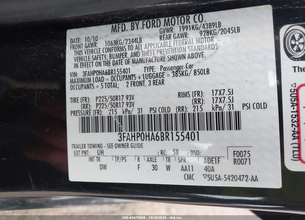 2011 FORD FUSION VIN: 3FAHP0HA6BR155401