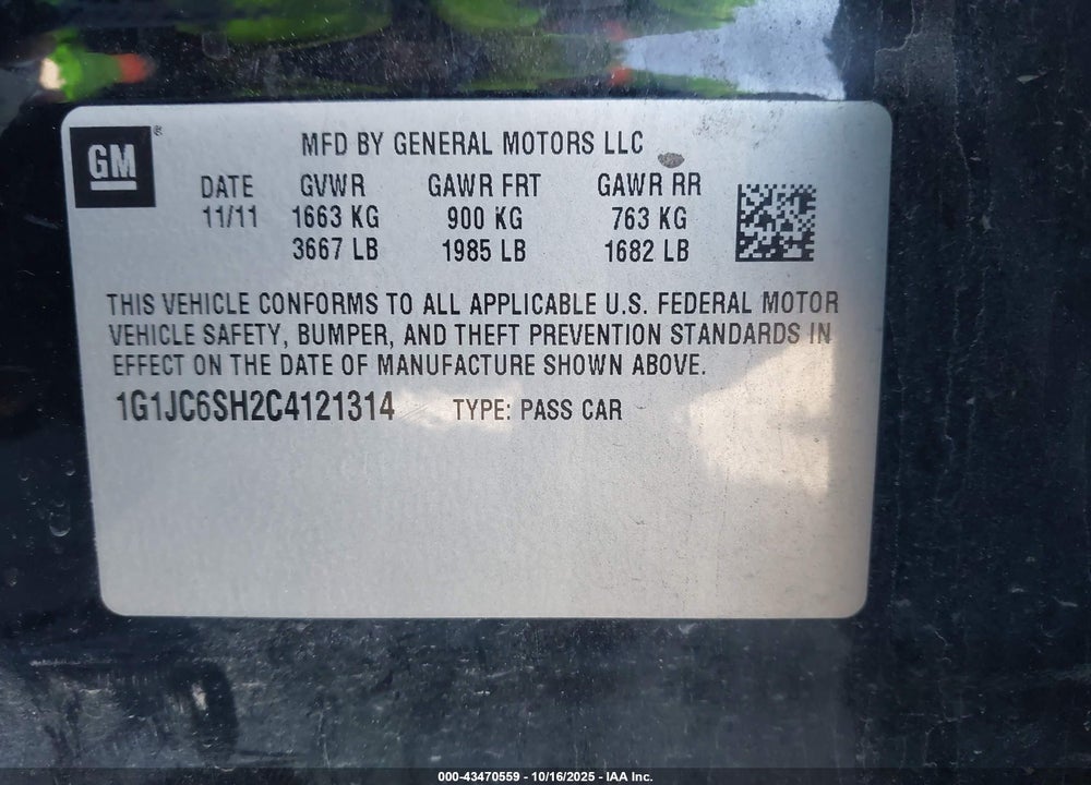 2012 CHEVROLET SONIC 2LT VIN: 1G1JC6SH2C4121314