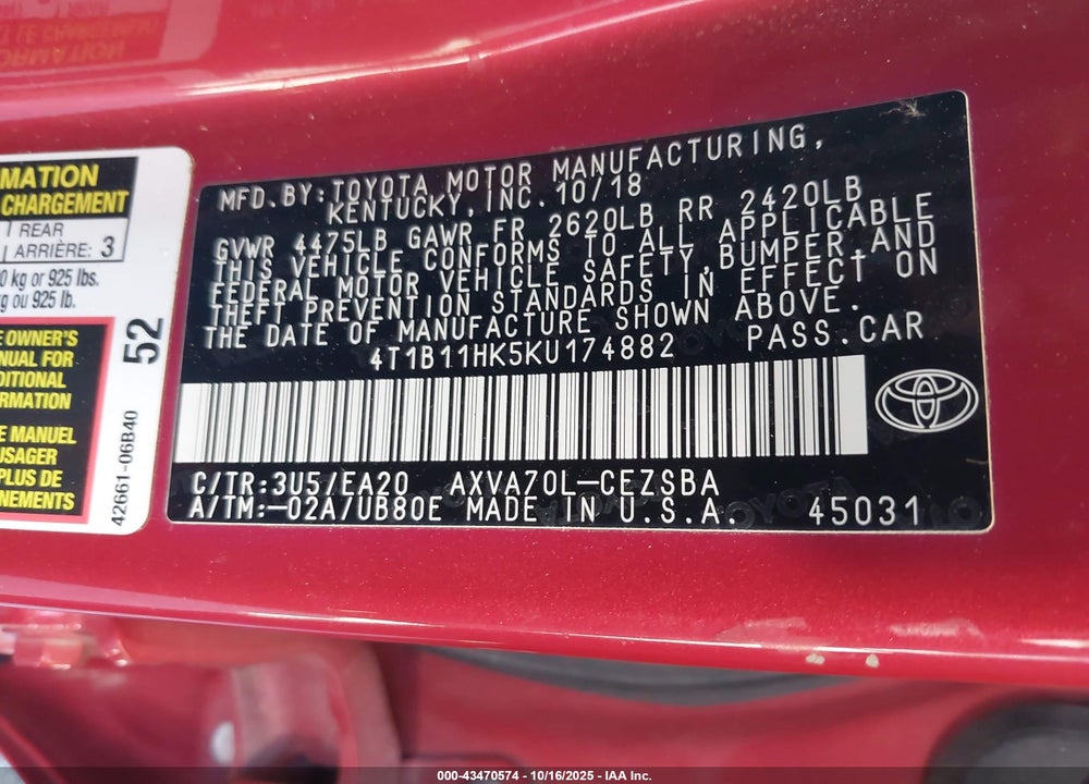 2019 TOYOTA CAMRY SE VIN: 4T1B11HK5KU174882