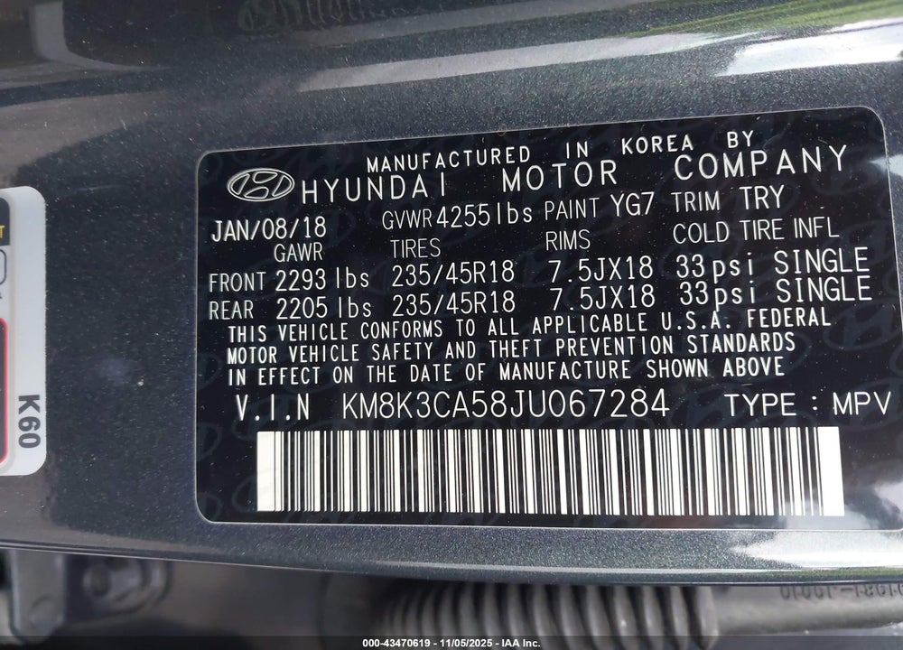 2018 HYUNDAI KONA VIN: KM8K3CA58JU067284