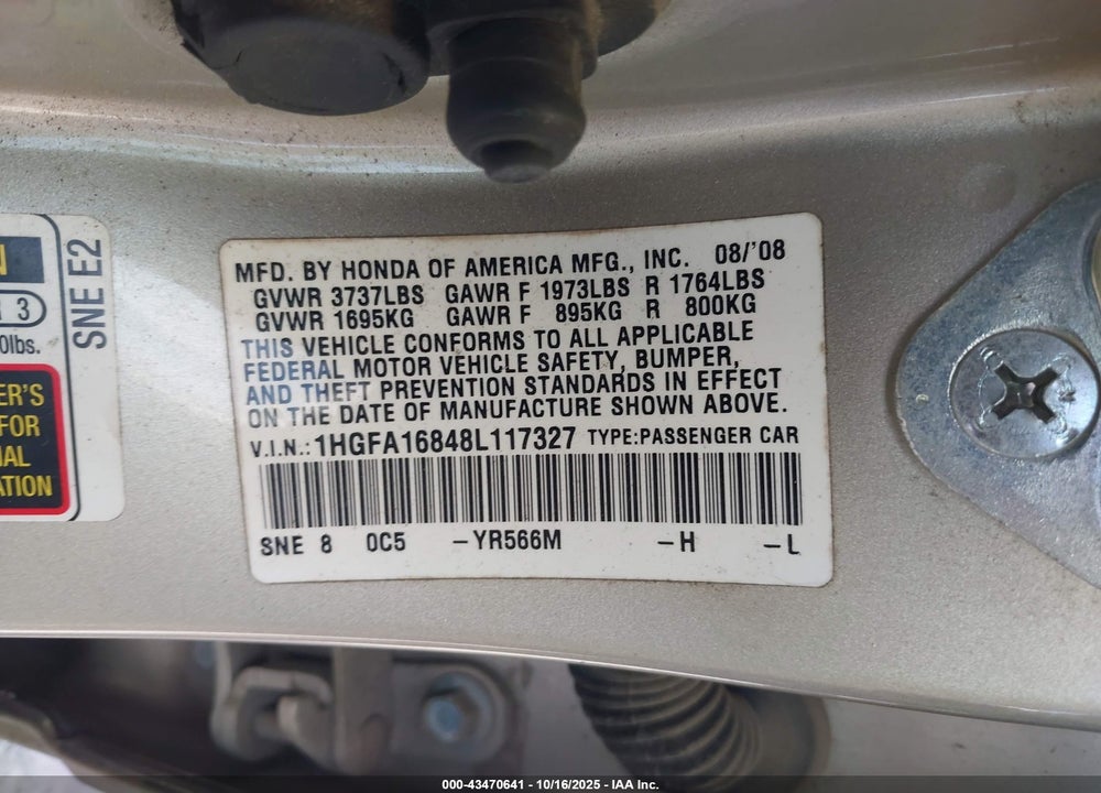 2008 HONDA CIVIC EX VIN: 1HGFA16848L117327
