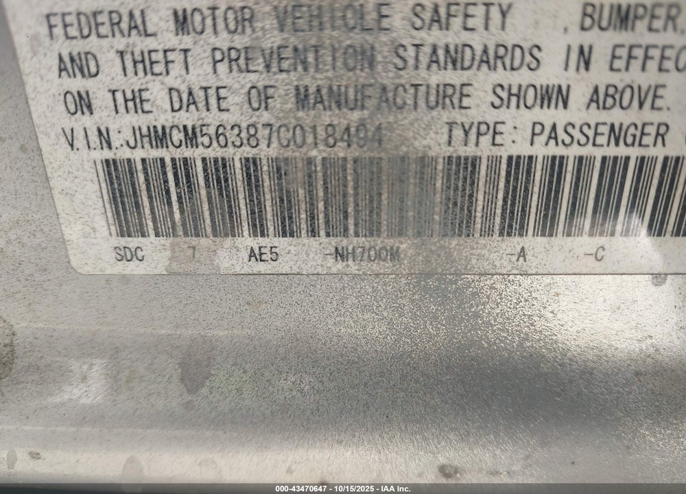 2007 HONDA ACCORD VIN: JHMCM56387C018494