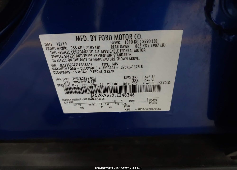 2020 FORD ECOSPORT VIN: MAJ3S2GE2LC348346