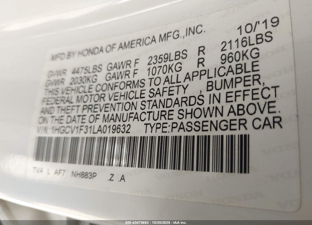 2020 HONDA ACCORD SPORT VIN: 1HGCV1F31LA019632