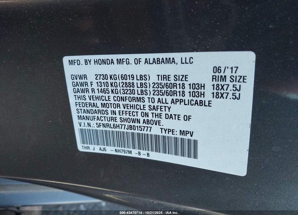 2018 HONDA ODYSSEY VIN: 5FNRL6H77JB015777