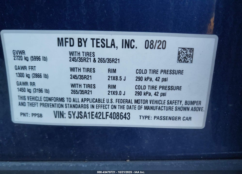 2020 TESLA MODEL S VIN: 5YJSA1E42LF408643