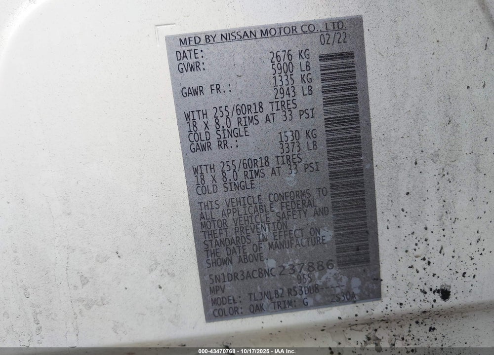 2022 NISSAN PATHFINDER S 4WD VIN: 5N1DR3AC8NC237886